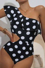 One-shoulder Ruffled Polka Dot One-piece Swimsuit