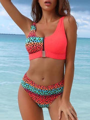 Leopard Floral Patchwork Zipper Bikini Set