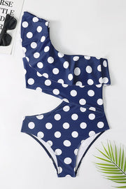 One-shoulder Ruffled Polka Dot One-piece Swimsuit