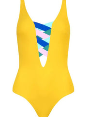 Contrast Crisscross Strappy V Neck One-piece Swimsuit (3 Colors)