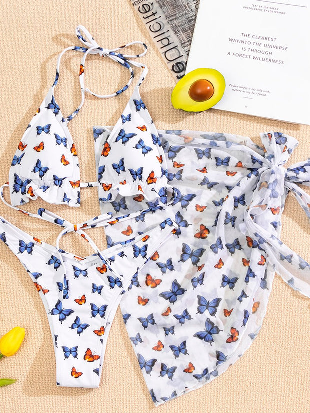 Three Piece Bathing Suit With Butterfly Print