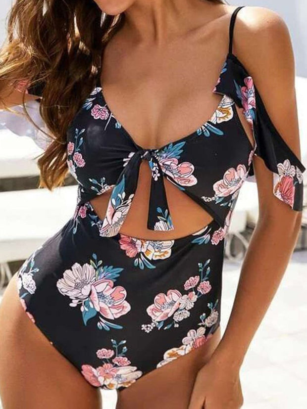 Floral Print Knot Front One-piece Swimsuit