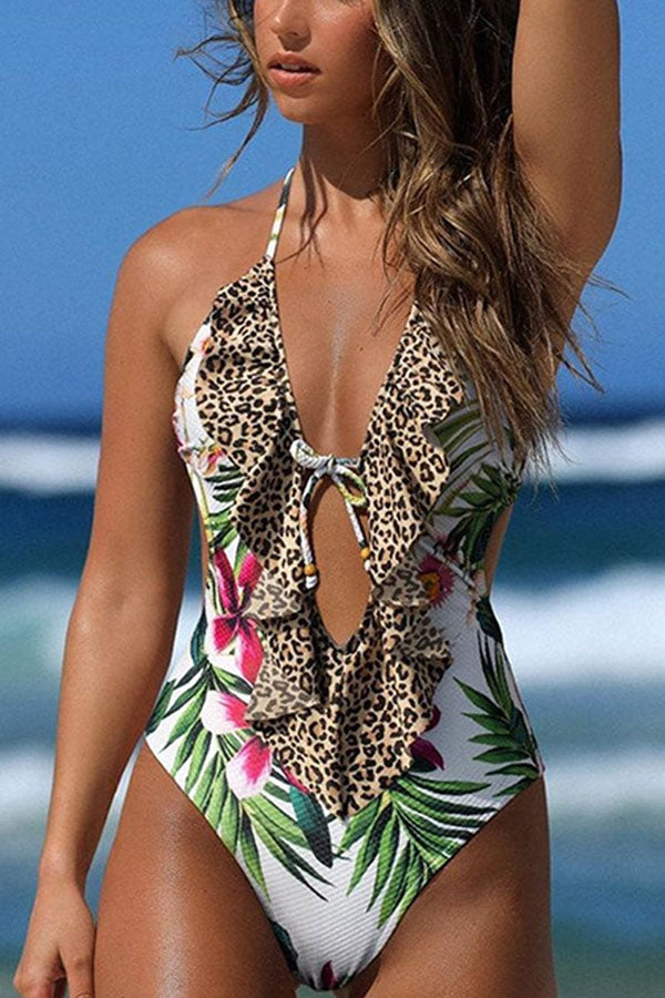 Leopard & Floral Print One-piece Swimsuit