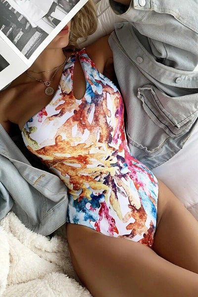 One-shoulder Cutout Print One-piece Swimsuit