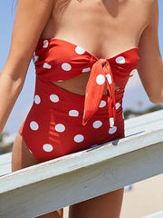 Polka Dot Bow Tie Cutout Bandeau One-piece Swimsuit (2 Colors)