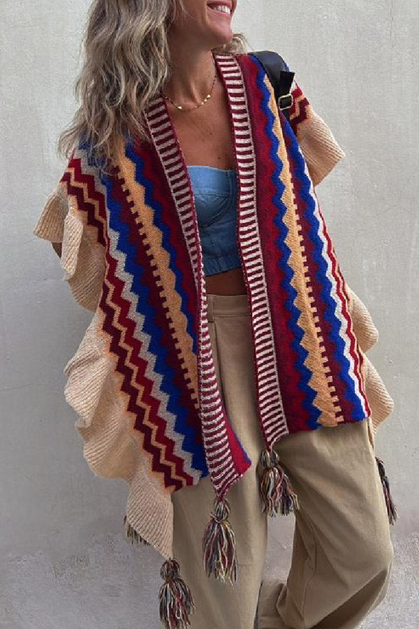 Ruffled ethnic style knitted cardigan