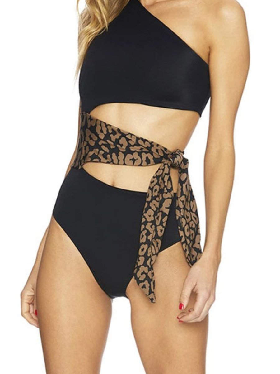 One Shoulder Cutout Leopard Knitting One-piece Swimsuit