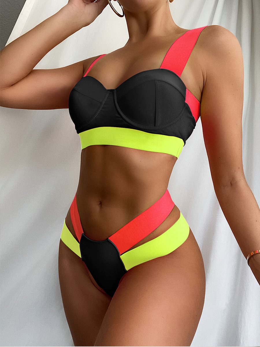On-Trendy Color Block High Waist Bikini Set