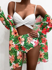 European And American Floral Bikini Three Piece Set