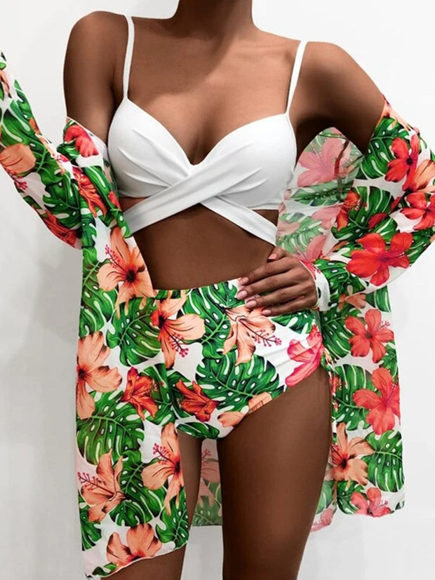 European And American Floral Bikini Three Piece Set