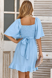 V-neck solid color waist ruffled summer dress