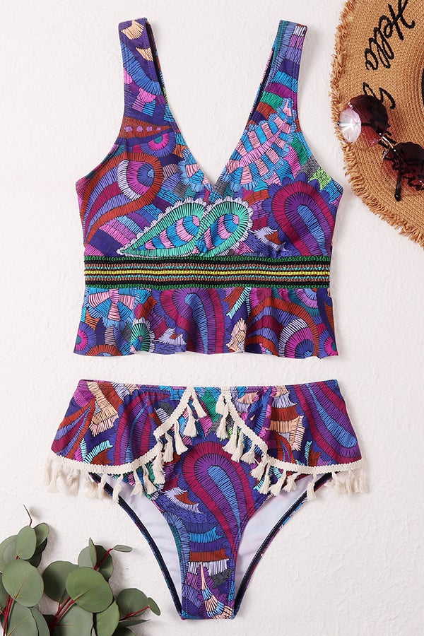 Summer Escape Ethnic Print Fringed Bikini Swimsuit