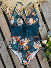 Colorblock Print Corset Lace-Up One-Piece Swimwear