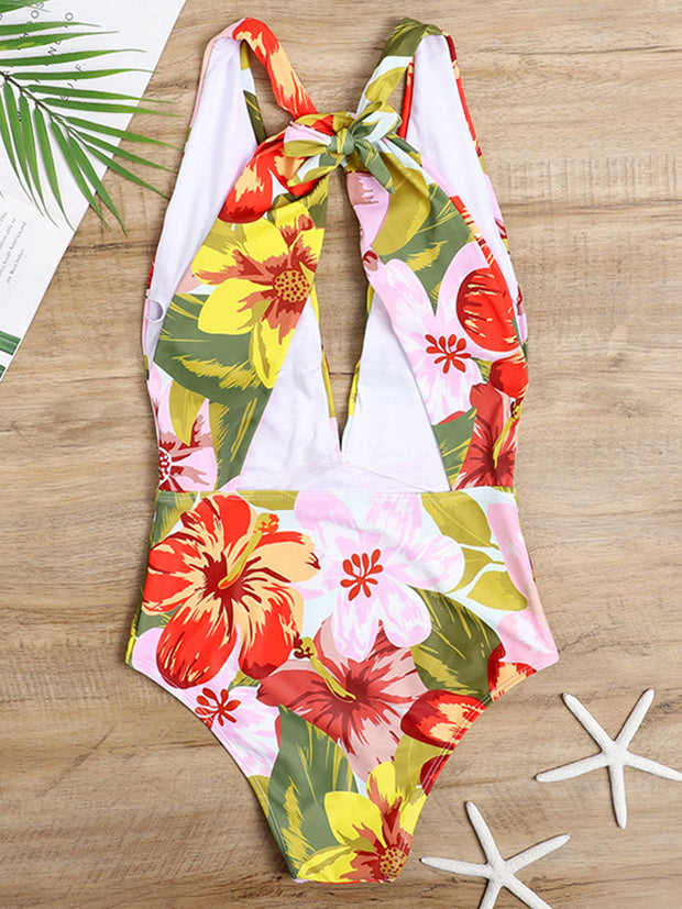 Floral Printed Tie Back Cutout Deep V One Piece Swimsuit