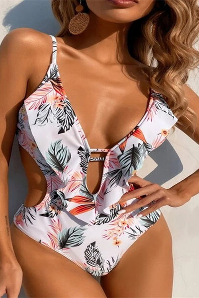 Ruffle Print Waist Cutout One-piece Swimsuit