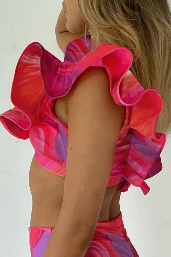 Abstract Print V-neck Ruffle Bikini