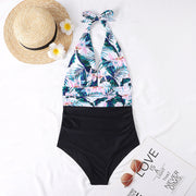 Deep V Open Back Leaf Print One-piece Swimsuit