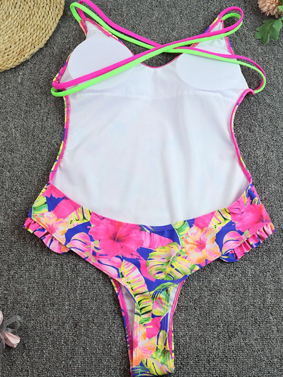 One Piece Swimsuit With Lace Printing Ribbon