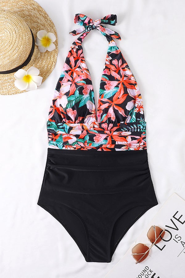 Deep V Open Back Leaf Print One-piece Swimsuit