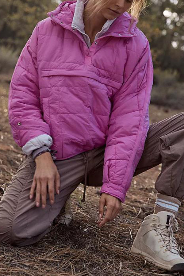 Solid Color Hooded Padded Foldable Padded Pullover Pocket Long Sleeve Jacket