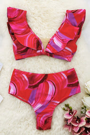 Abstract Print V-neck Ruffle Bikini