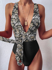 Patched Leopard Strap One-piece Swimsuit