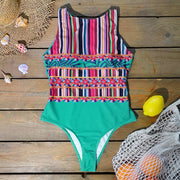 Round Neck Ethnic Print Open Back One-piece Swimsuit