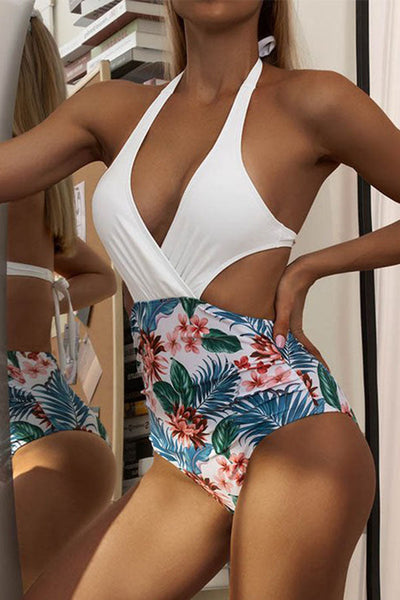 Floral Printed Belly-Hollow Split-Joint One-Piece Swimwear