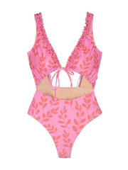 Floral Print Hollow Lace-Up One-Piece Swimwear