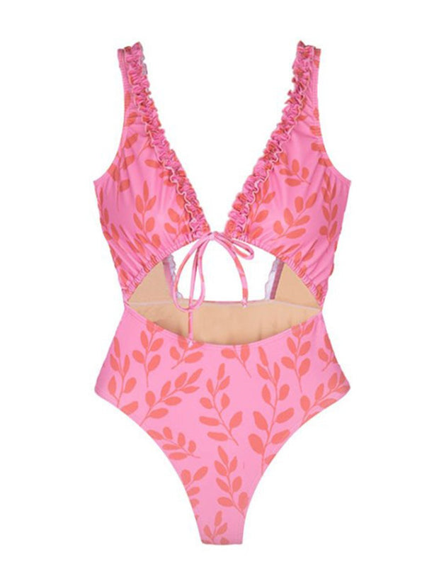 Floral Print Hollow Lace-Up One-Piece Swimwear