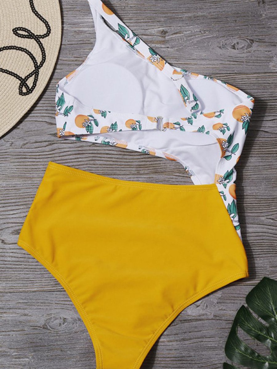 Hollow-out Orange Print One Shoulder One-piece Swimsuit