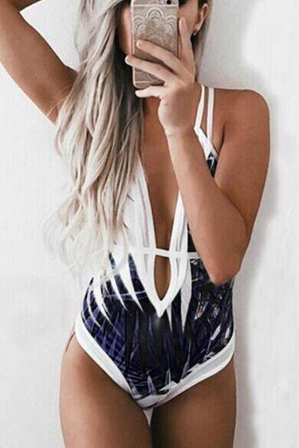Floral Print Crisscross Strappy Low Back High Leg Deep V One-piece Swimsuit