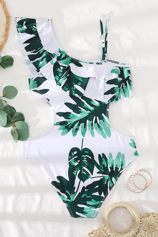 Asymmetric Printed Ruffled One-piece Swimsuit