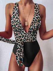 Patched Leopard Strap One-piece Swimsuit