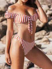 Knot Design Bubble Sleeve Red Striped Two pieces Swimsuit