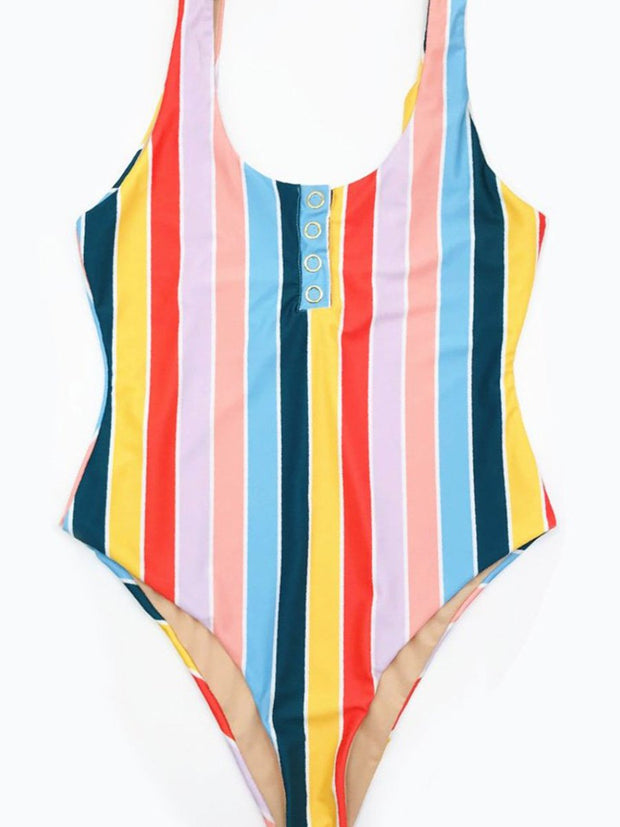 High Leg Rainbow Striped One-piece Swimsuit