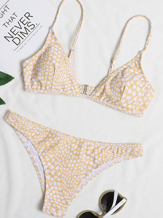 Spaghetti Strap Print Yellow Two Pieces Swimsuit