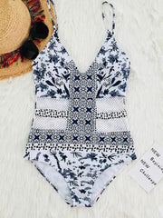 Bohemian Print Stitching Net One-Piece Swimwear