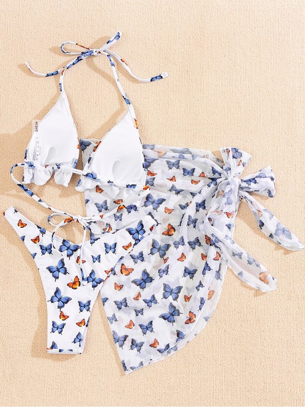 Three Piece Bathing Suit With Butterfly Print