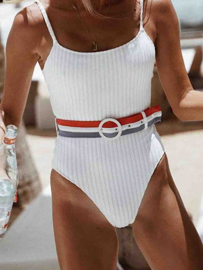 Sport Ribbed High Leg One-piece Swimsuit With Striped Belt