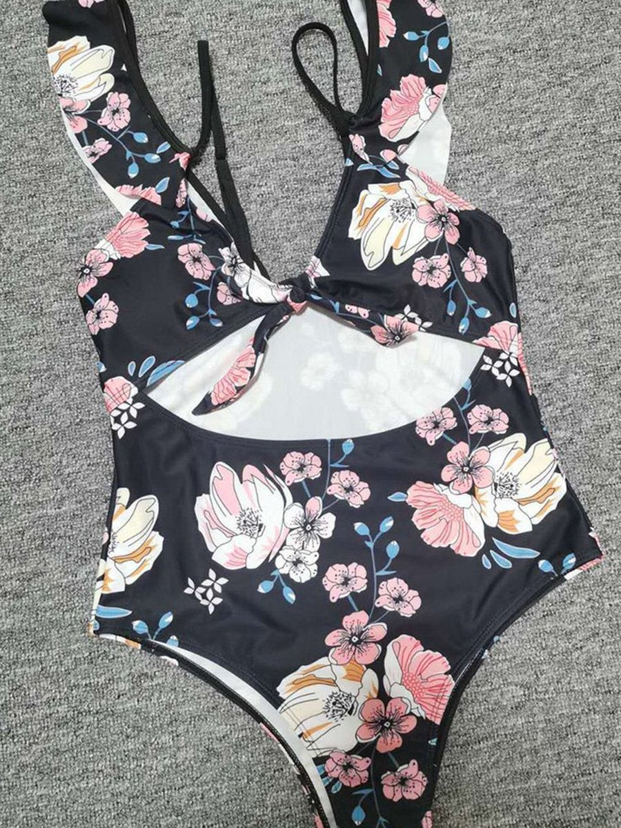 Floral Print Knot Front One-piece Swimsuit