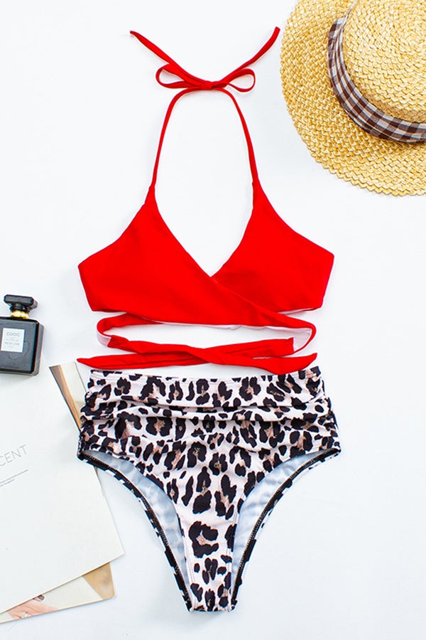 Leopard Cross Open Back High Waist Bikini