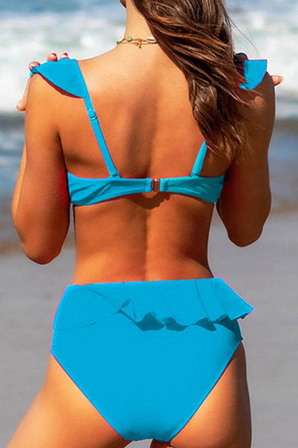 Solid Color Ruffled V-neck Bikini