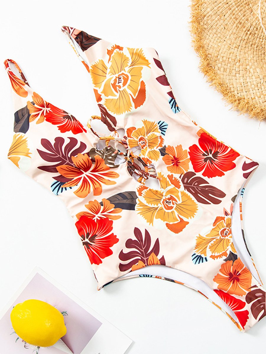 Cutout Flower Print One-piece Swimwear