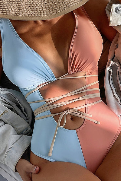 Stitching Hollow Contrast Color Strap One-piece Swimsuit