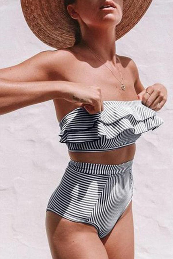 Flounce Sleeve Bandeau Stripe Swimsuit