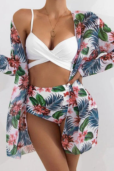 European And American Floral Bikini Three Piece Set