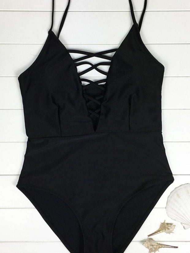 Spaghetti Strap Hollow-out Black One-piece Swimsuit
