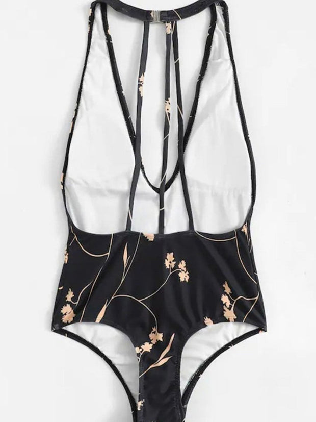 Skinny V Neck Floral Print Black One-piece Swimsuit