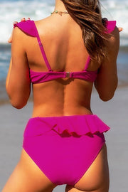 Solid Color Ruffled V-neck Bikini